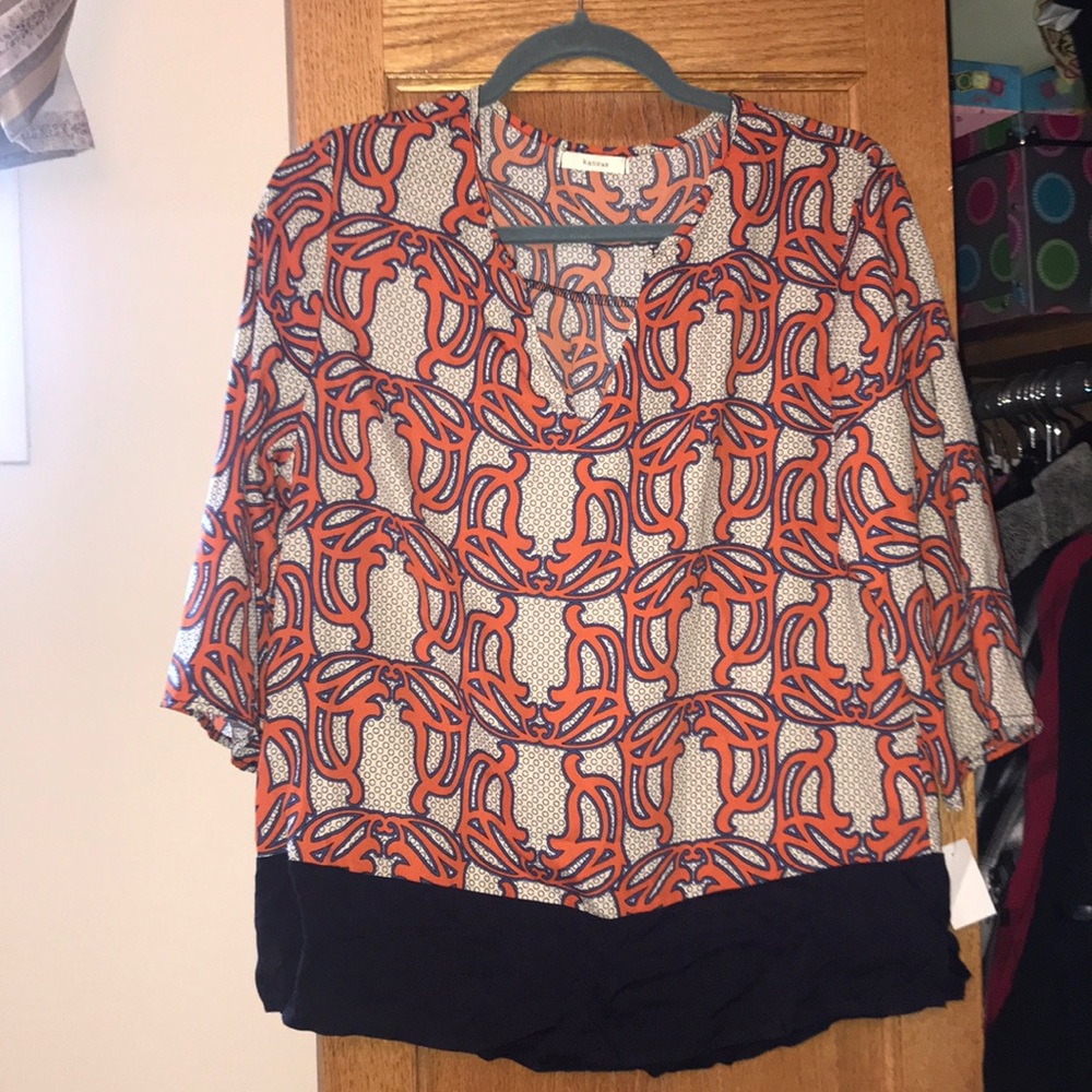 NWOT Kanvas Orange/Blue/Cream Blouse